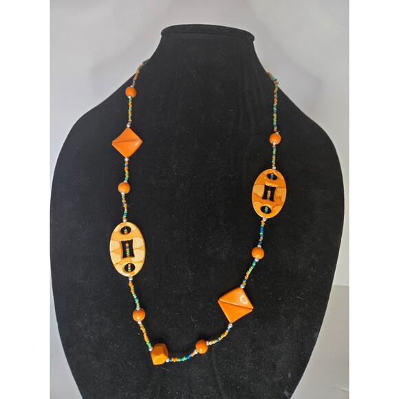 Beaded Necklace Orange and Teal Abstract Geometric - Picture 2 of 4